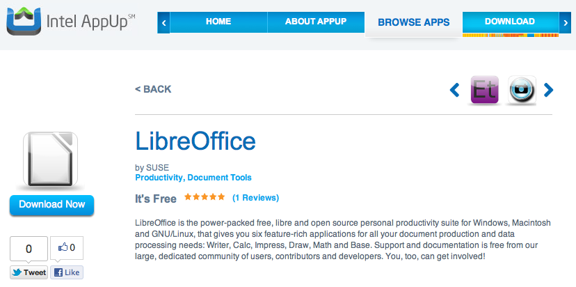 Immagine pubblicata in relazione al seguente contenuto: TDF annuncia: LibreOffice  stato inserito nell'AppUp Center di Intel | Nome immagine: news16707_1.png