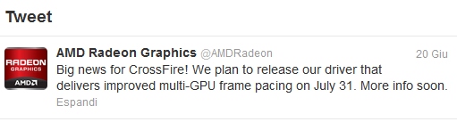 Media asset in full size related to 3dfxzone.it news item entitled as follows: AMD: il micro stuttering su CrossFire sar risolto con un drive update | Image Name: news19760_AMD-Tweet_1.jpg