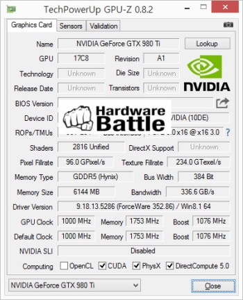 Immagine pubblicata in relazione al seguente contenuto: Le frequenze di clock della video card GeForce GTX 980 Ti di NVIDIA | Nome immagine: news22643_NVIDIA-GeForce-GTX-980-Ti-GPU-Z_1.jpg