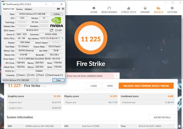 Immagine pubblicata in relazione al seguente contenuto: On line i primi benchmark di una video card NVIDIA GeForce GTX 1060 | Nome immagine: news24550_3DMark-Firestrike_1.jpg
