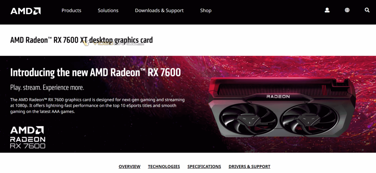 Immagine pubblicata in relazione al seguente contenuto: AMD cita per errore (?) la video card non annunciata Radeon RX 7600 XT | Nome immagine: news34633_AMD-Radeon-RX-7600-XT_1.png