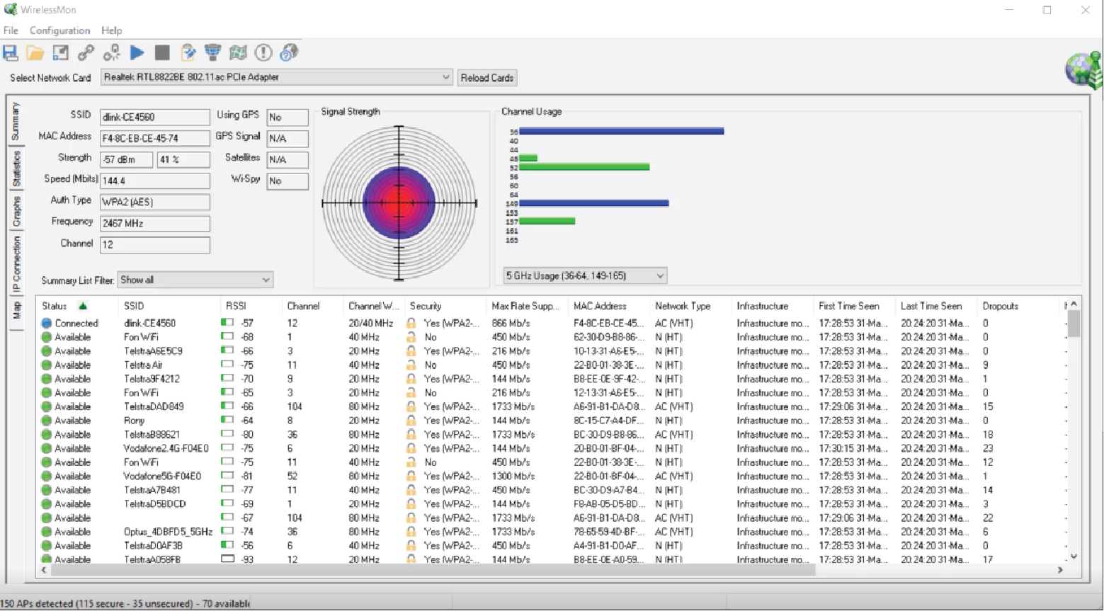 Immagine pubblicata in relazione al seguente contenuto: Network Utilities: PassMark WirelessMon 5.0 build 1003 - Bug fixing | Nome immagine: news35619_WirelessMon_Screenshot_1.jpg