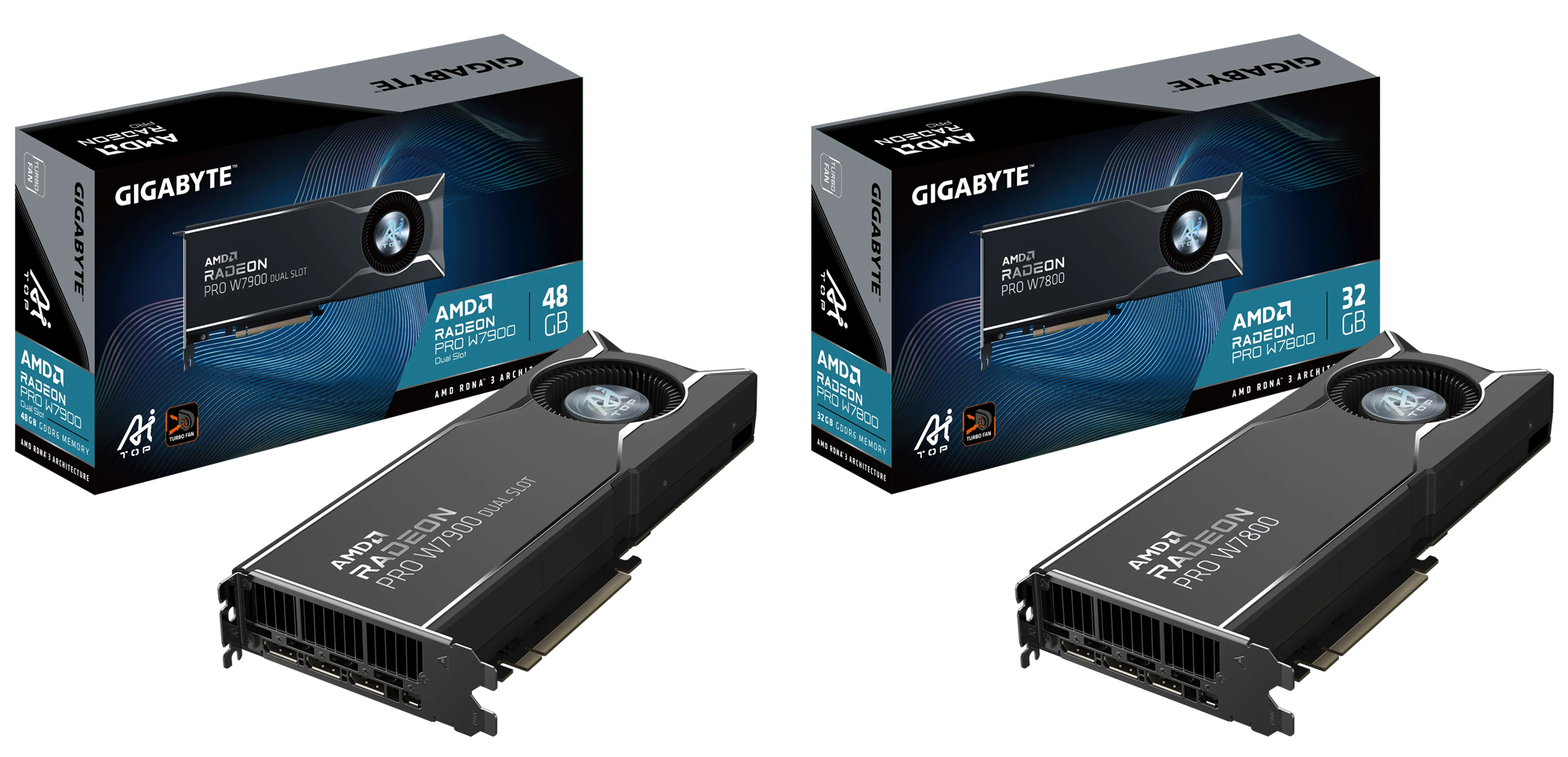 Media asset in full size related to 3dfxzone.it news item entitled as follows: GIGABYTE annuncia le Radeon PRO W7900 Dual Slot AI TOP 48G e W7800 AI TOP 32G | Image Name: news35721_GIGABYTE_Radeon-PRO-W7000_1.jpg